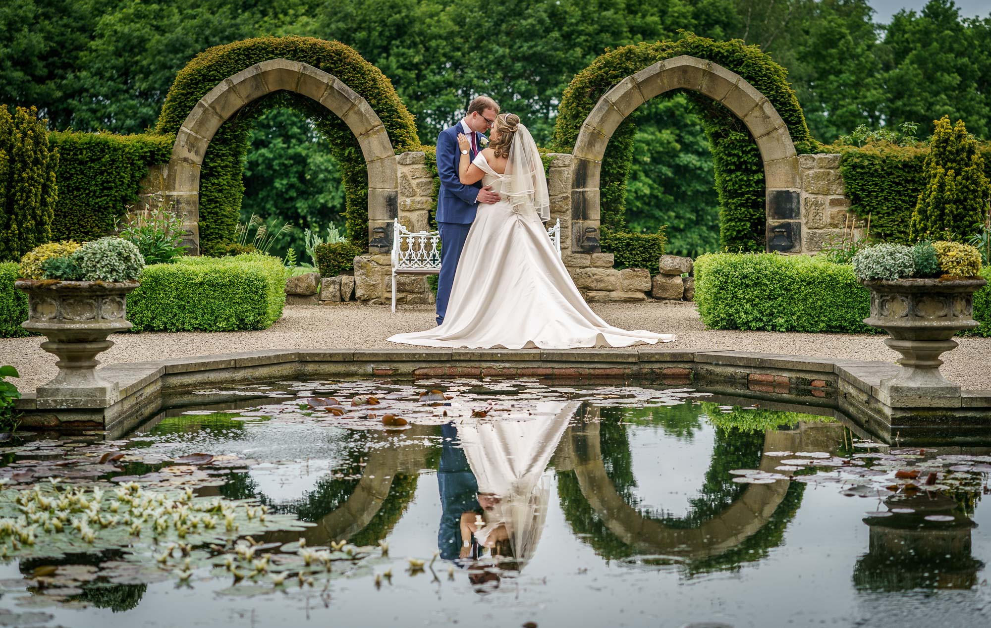 Wedding Photograph taken near the pond at Allerton Castle near York