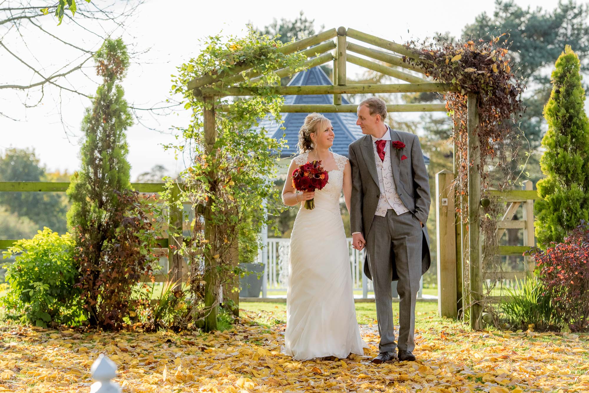 Bride and groom in autumn at The Bridge Inn Wetherby