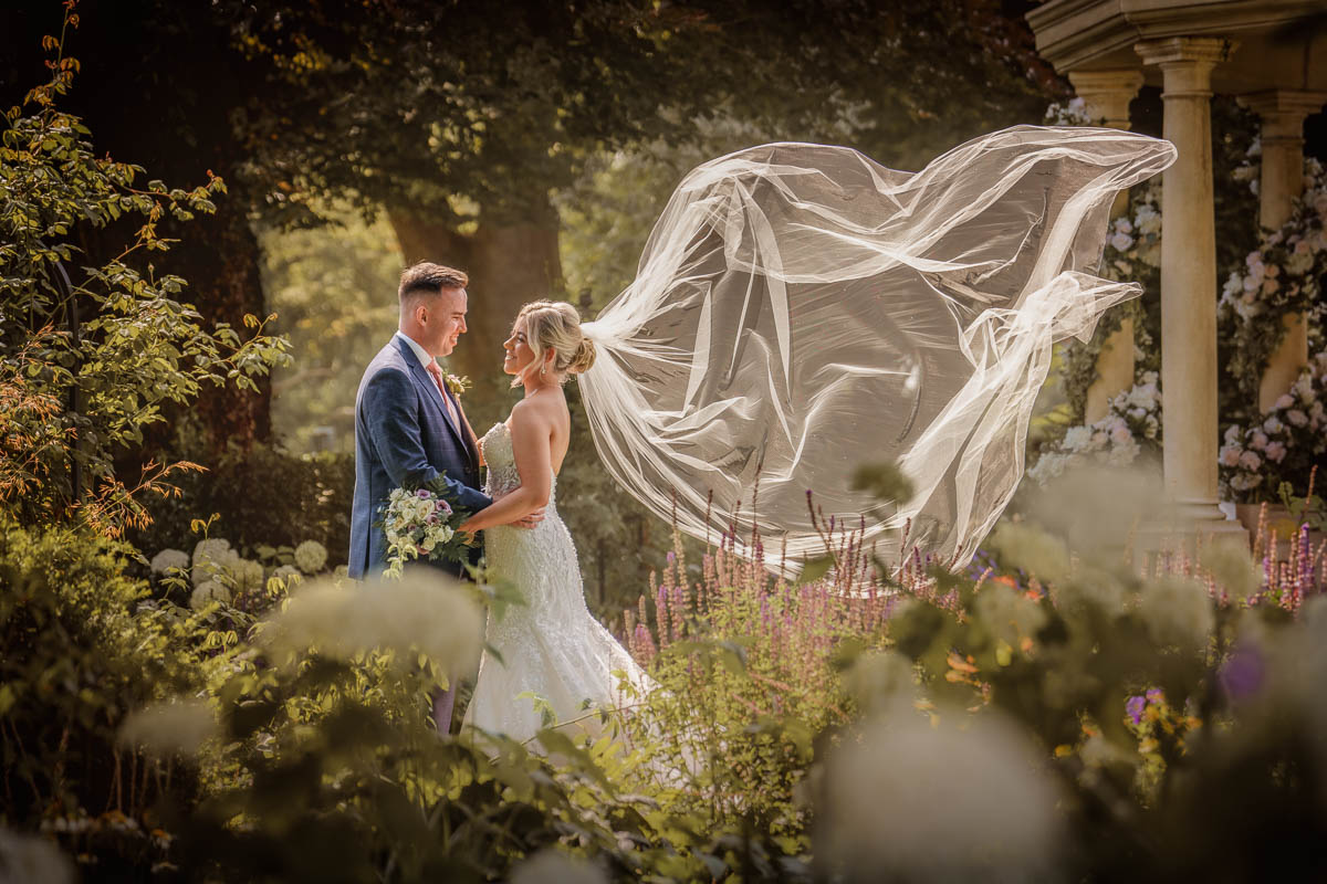 Flowing veil at wedding in Yorkshire